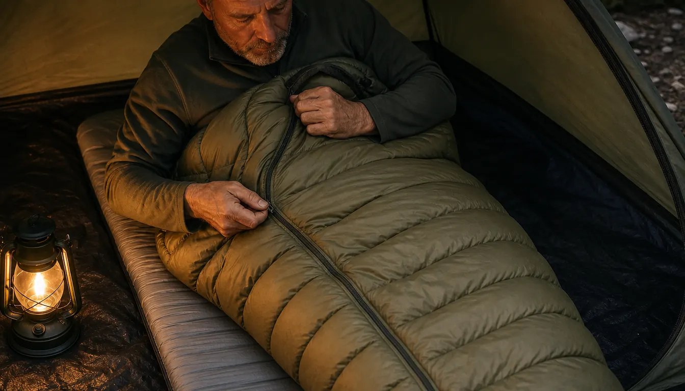 A hand zipping a sleeping bag closed inside a tent at night, lit by a camp lantern.