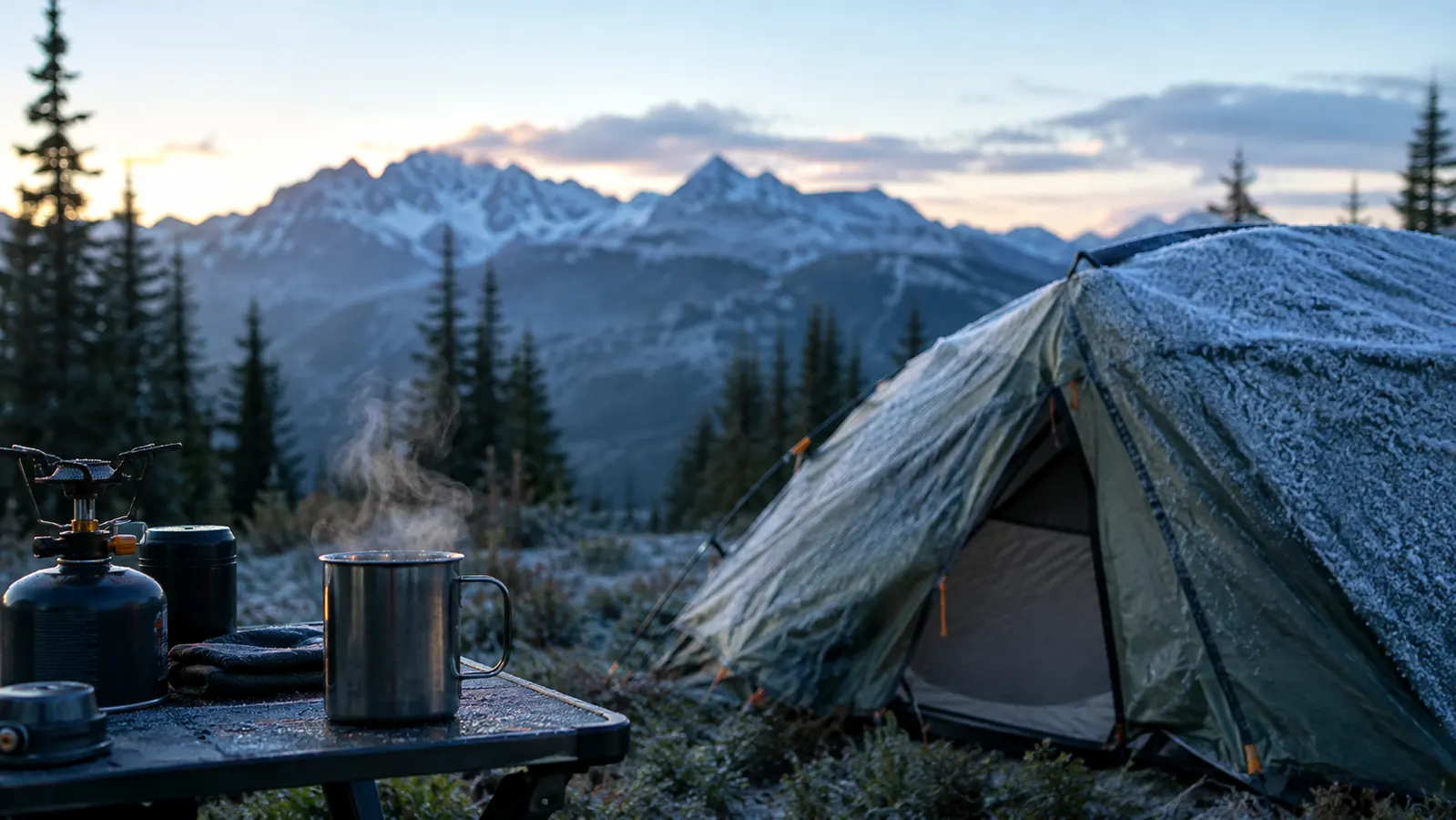 A frosty campsite at dawn with a tent and a steaming mug of coffee on a camp table.
