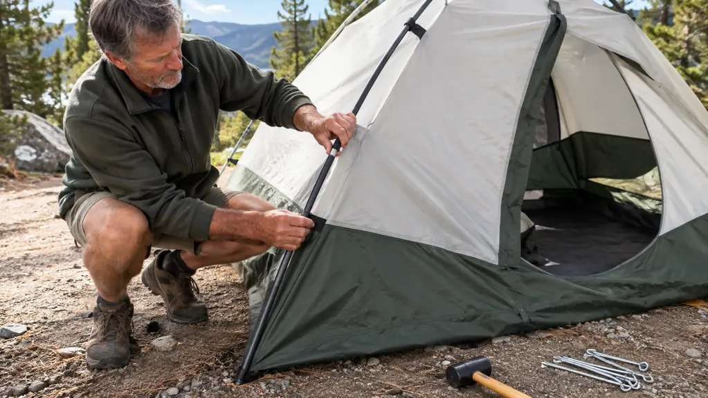 Hands guiding a tent pole through a sleeve while setting up the dome tent at a campsite