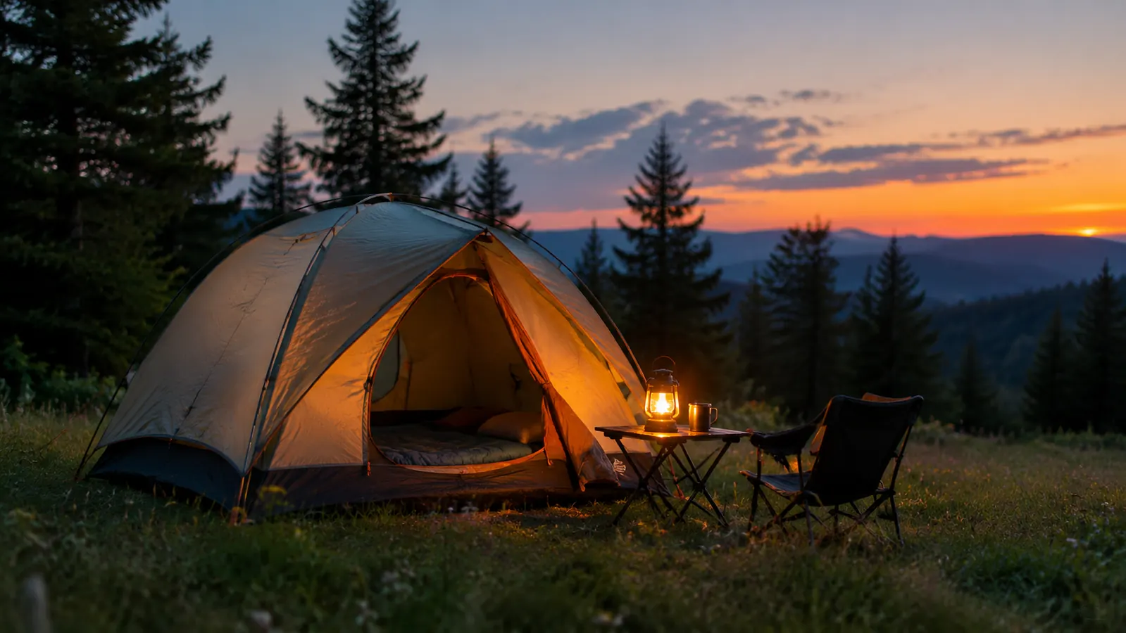 A dome tent at dusk in a meadow with a lantern glowing on a camp table beside the door