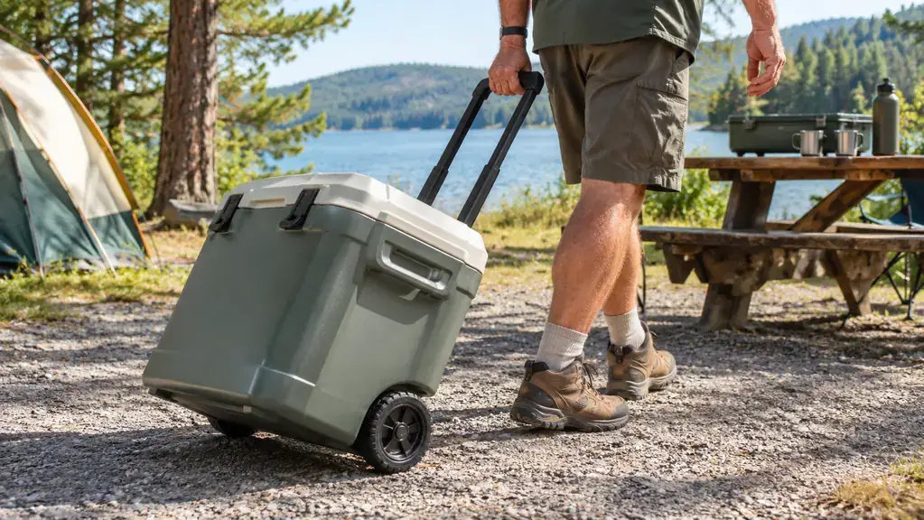 A person's hand gripping the extended handle of a rolling cooler, tilting it back to wheel it across a gravel campsite