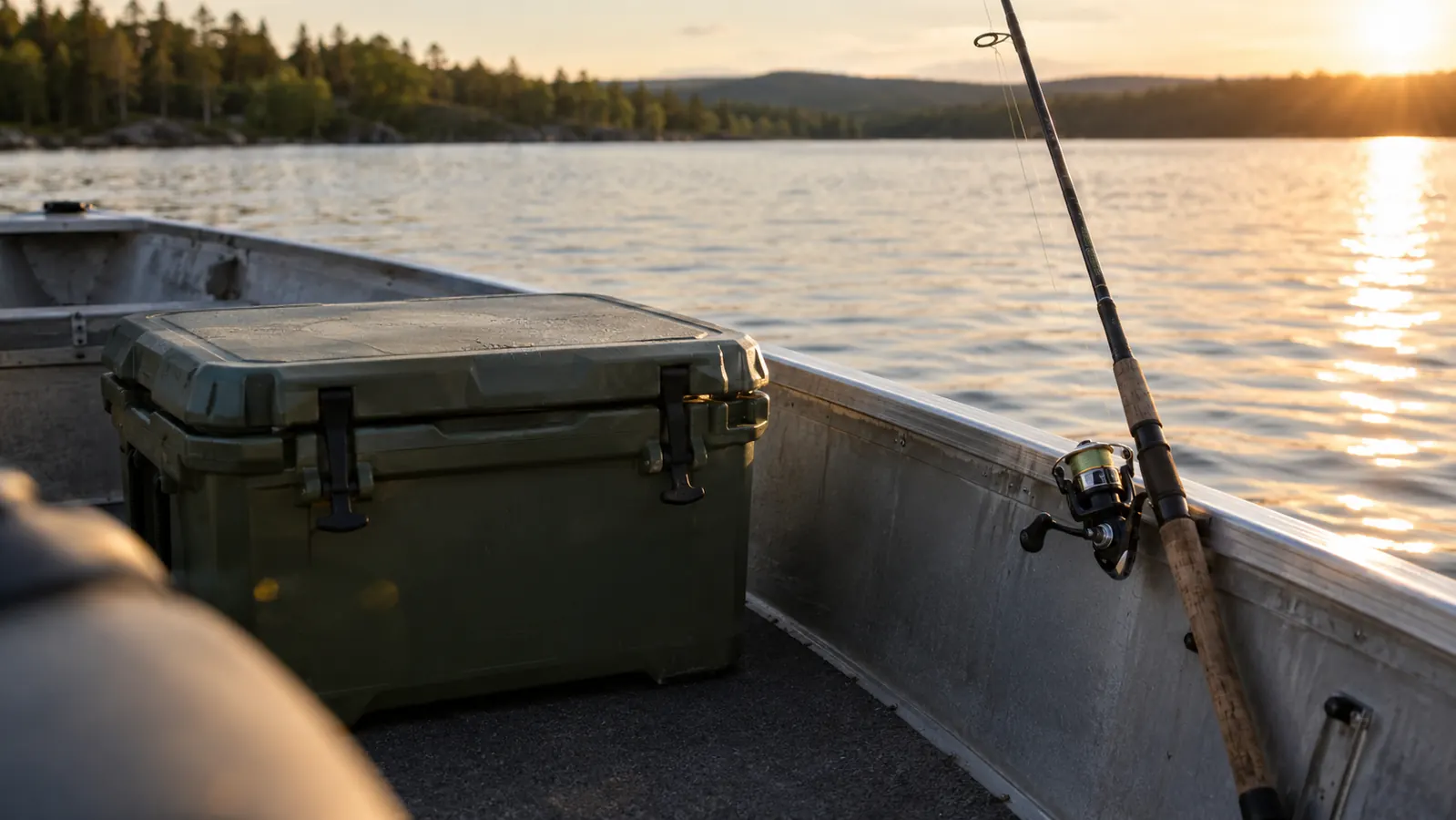 Hard cooler sitting on the floor of a small aluminum fishing boat on a calm lake in late afternoon light