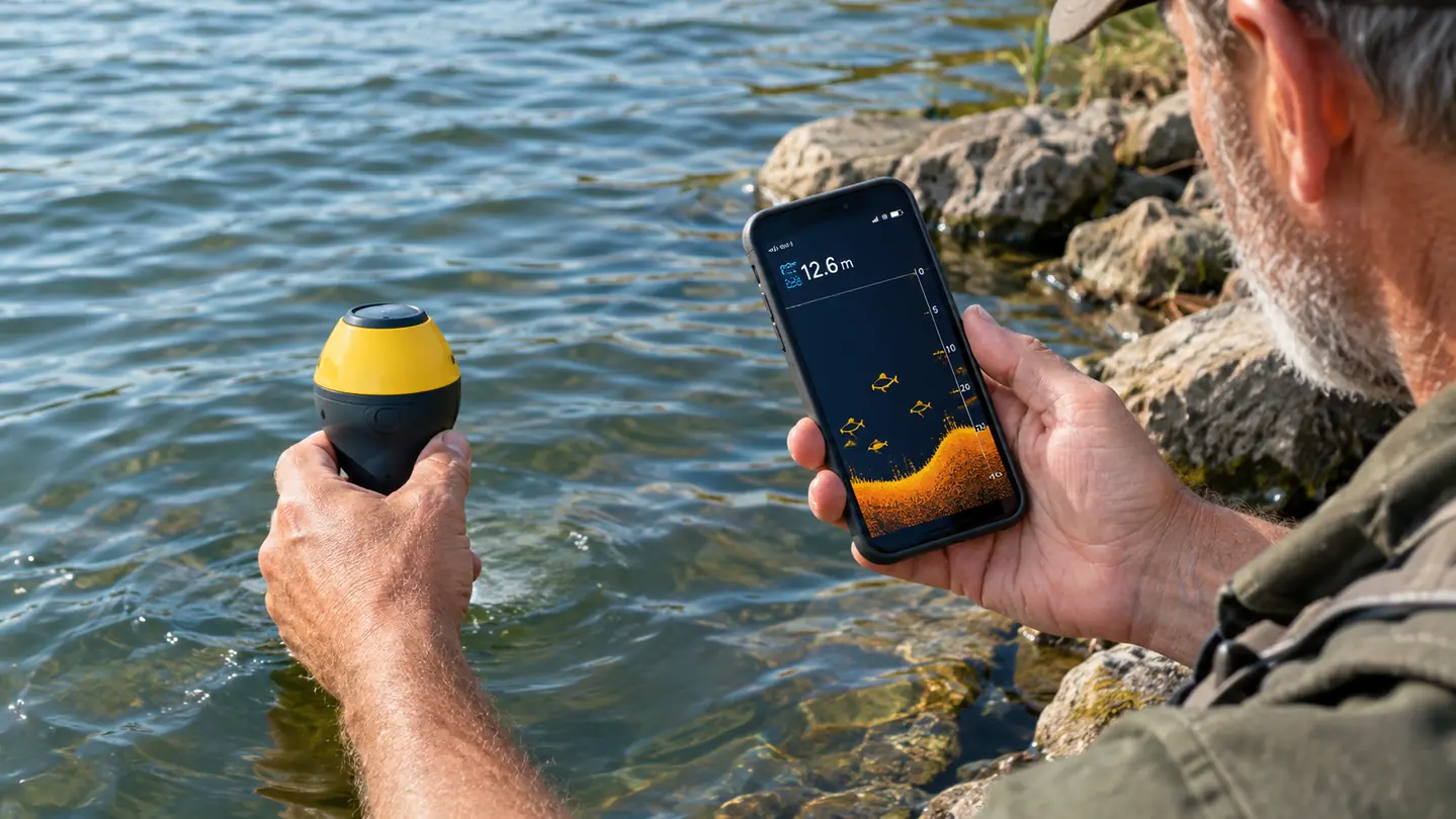 A hand holding a castable fish finder over the water near a rocky bank while the other hand holds a phone
