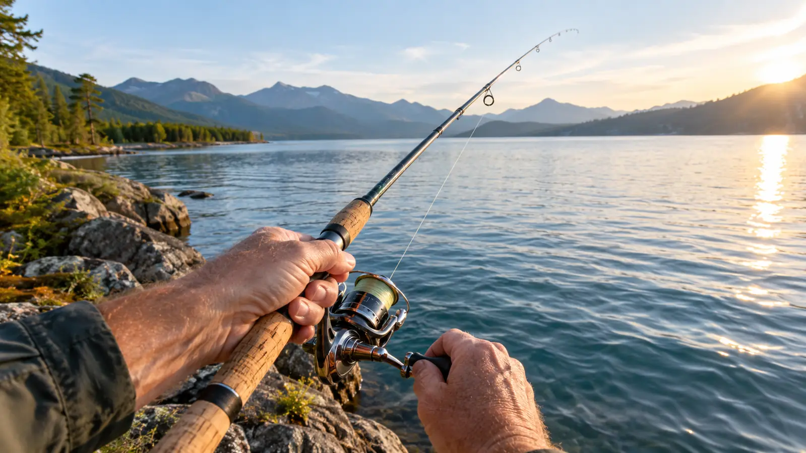 Hand casting a spinning rod from the shore of a small lake, reel visible in the hand, morning light
