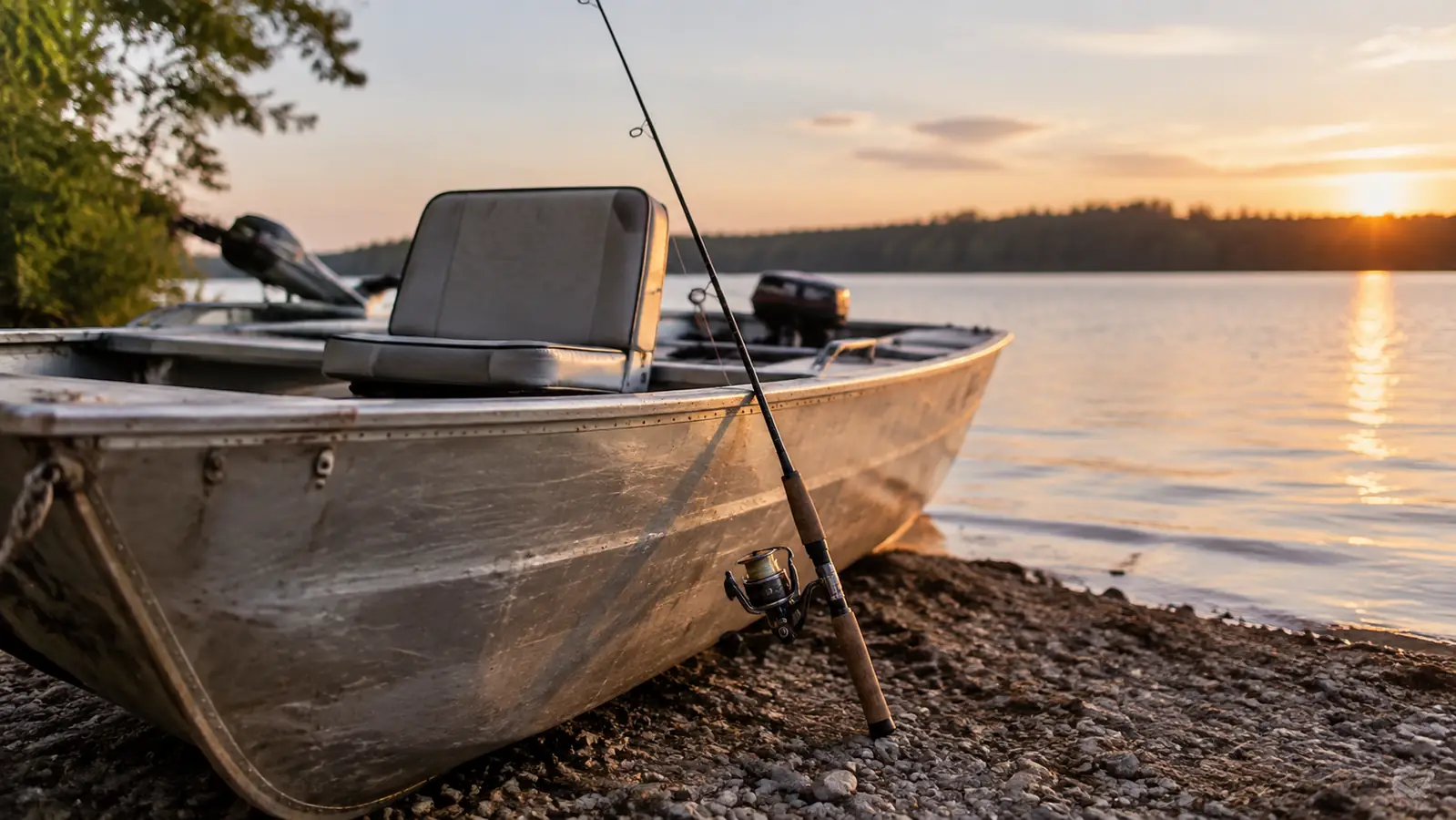 A small aluminum boat pulled up on a gravel beach, a spinning rod leaning against the seat, late afternoon light