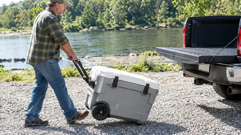 Hands rolling a cooler across gravel toward the tailgate of a pickup truck