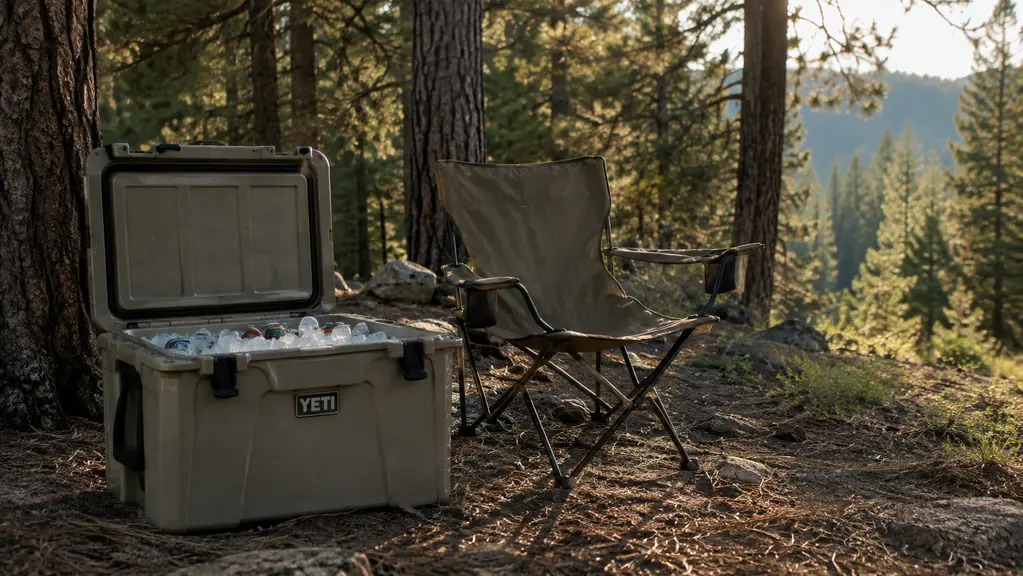 An open cooler filled with ice sitting in the shade beside a camp chair at the edge of a forest