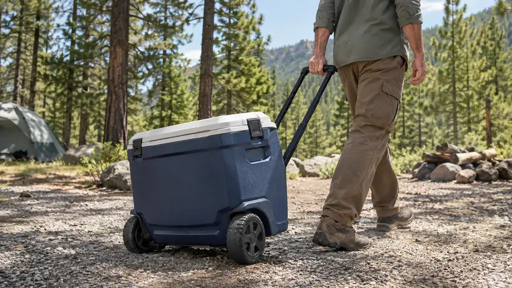 A hand pulling the telescoping handle of a wheeled cooler across a gravel campsite