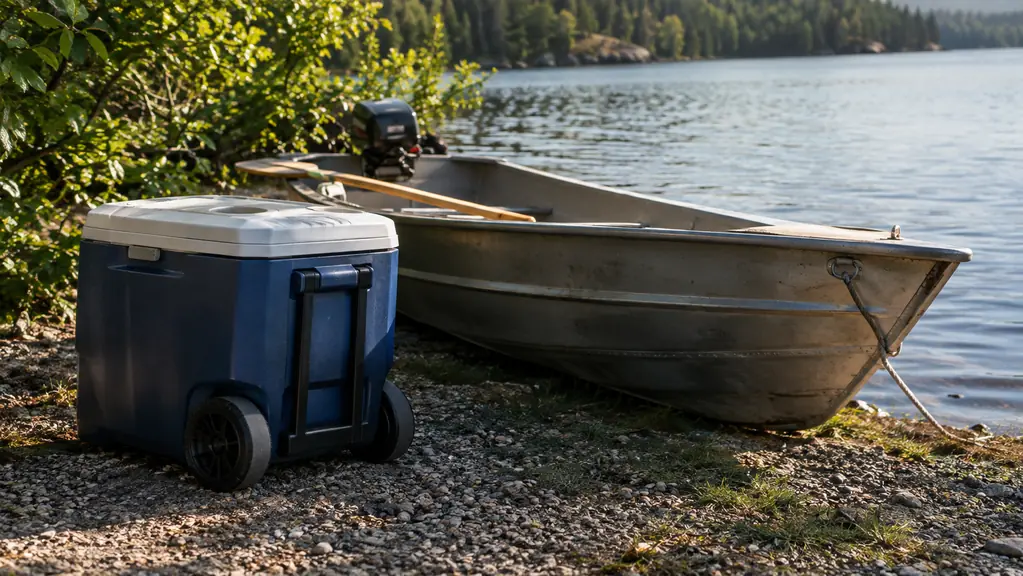 A cooler resting in the shade beside a small aluminum fishing boat pulled up on a gravel lake shore