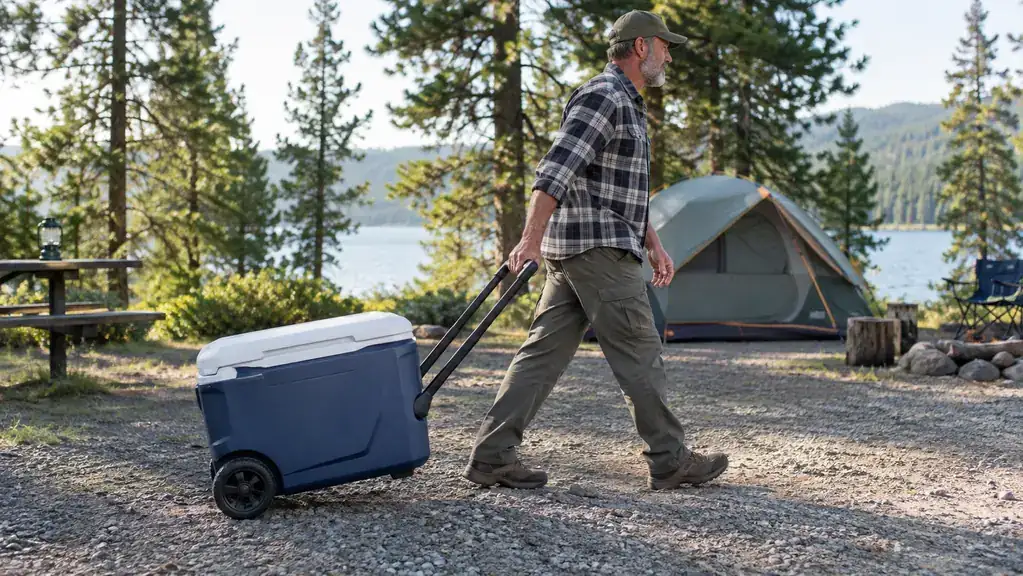 Person pulling a rolling cooler by its handle across a gravel campsite