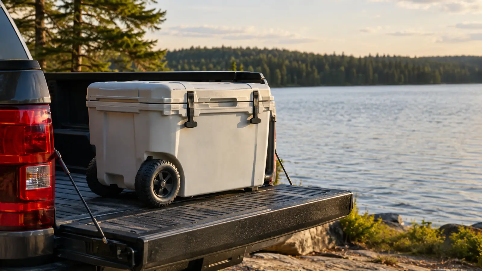 Cooler sitting on a pickup truck tailgate with a lake and forested shore behind it
