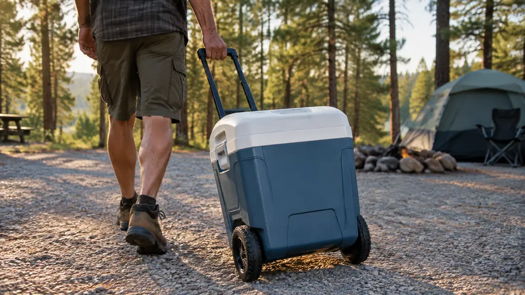 A hand pulling a rolling cooler across a gravel campsite by its pull handle