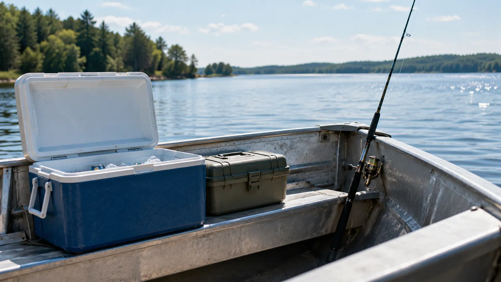 An open cooler on the deck of a small aluminum boat beside a tackle box on a calm lake