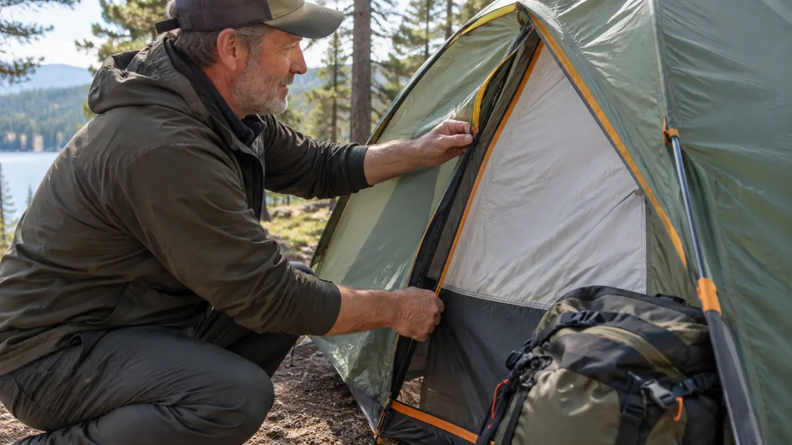 A hand unzipping the door flap of a dome tent from outside, a campsite with trees in the background.