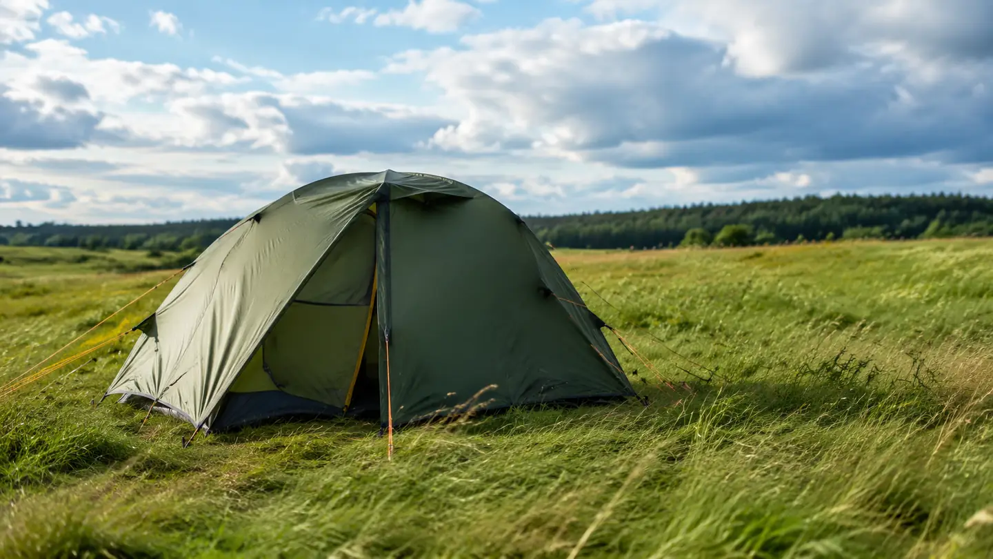 A dome tent with its rainfly and guy lines staked out in an open meadow under a partly cloudy sky.