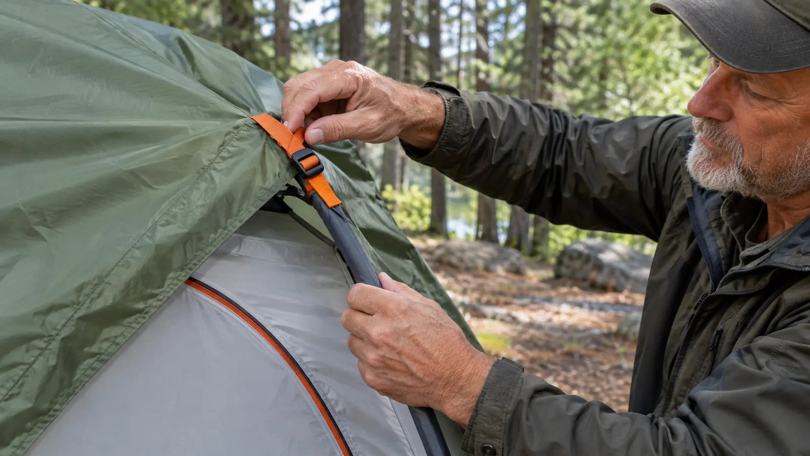 A hand adjusting the rainfly strap on a dome tent at a campsite.
