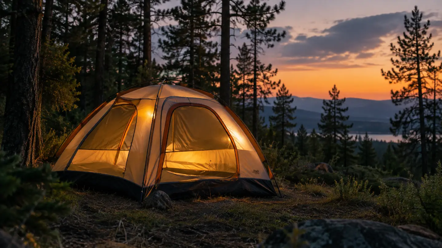 A dome tent glowing from within at dusk in a forest clearing.
