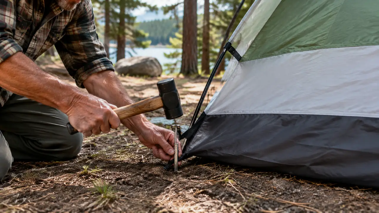 Hands securing a tent stake at the base of a dome tent