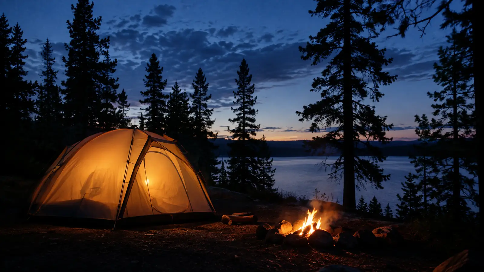 A dome tent glowing from within at dusk in a forest campsite