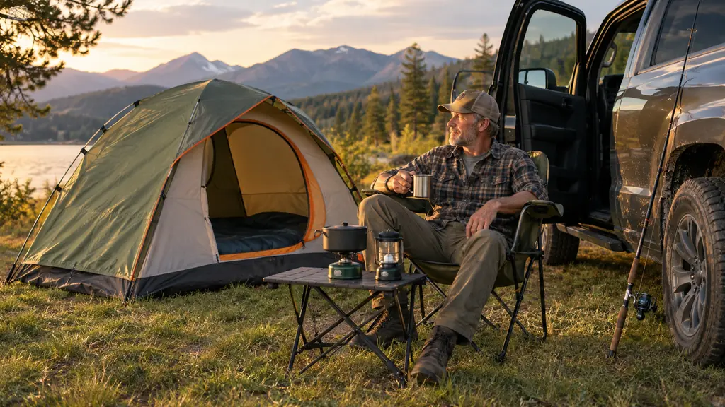 The Coleman tent set up on level grass beside a pickup truck, with a camp chair and a small table in front of the open door.