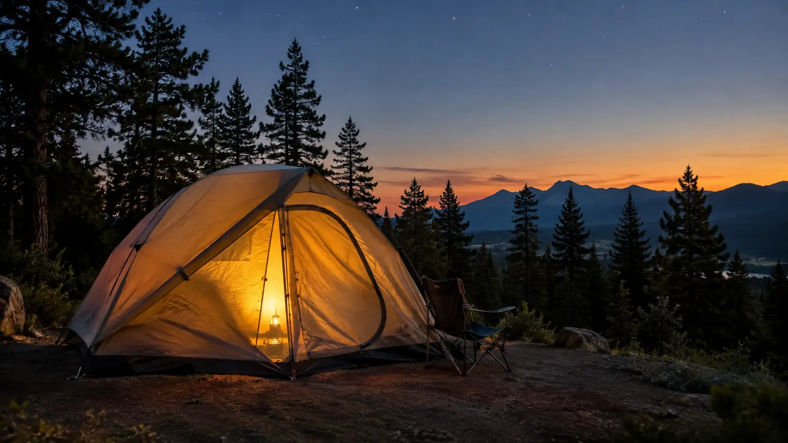 A dome tent glowing from a lantern inside at dusk in a pine forest, stars beginning to show.