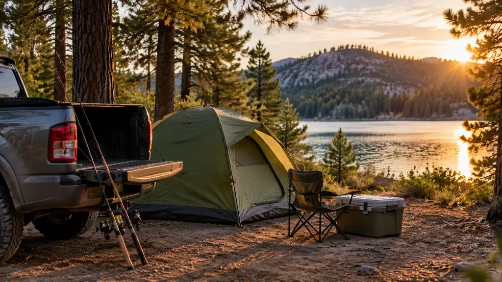 A dome tent pitched next to a pickup truck at a pine shaded lakeside campsite in the early evening, with fishing rods leaning against the open tailgate