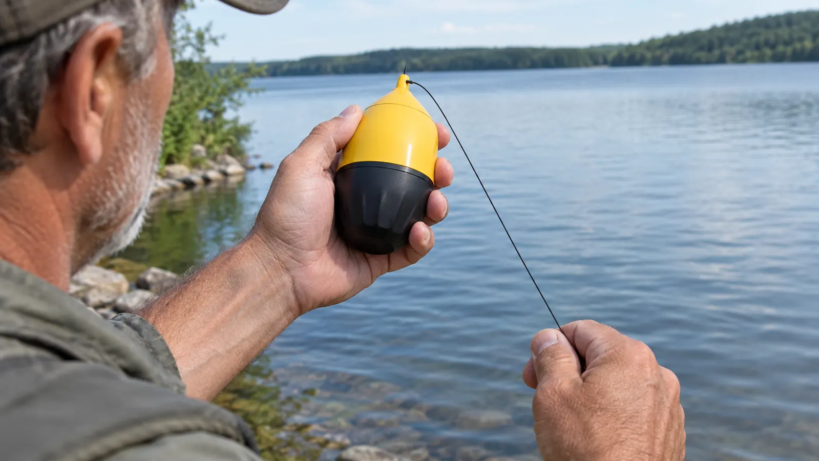 A hand holding a small castable fish finder up at the edge of a lake before casting it out over the water