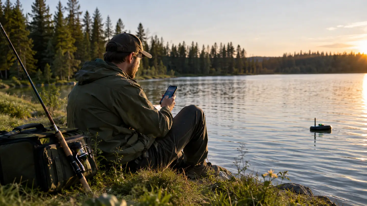 An angler sitting on a low bank at a lake looking down at a smartphone while a small floating device rests on the water a few yards out