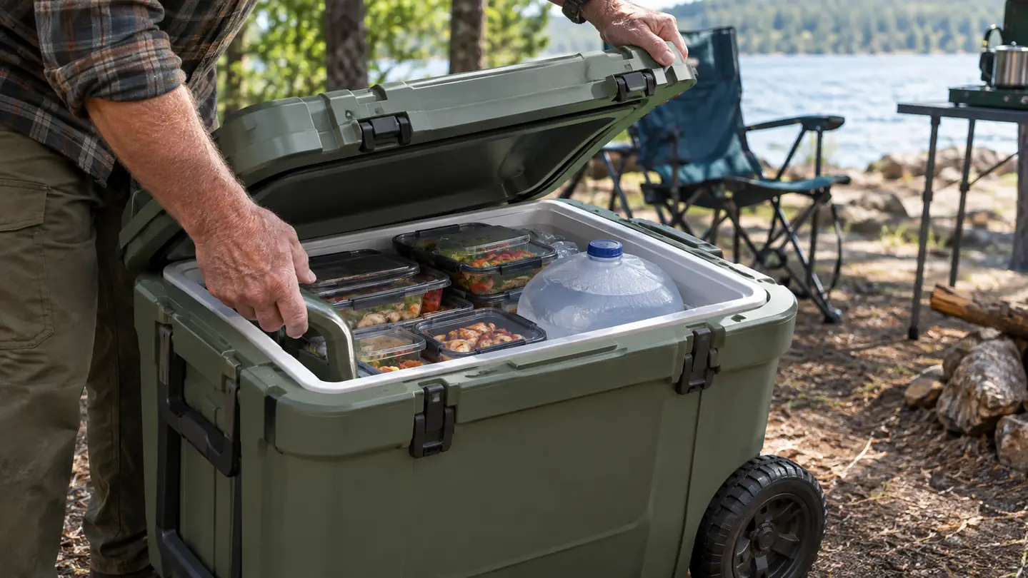 A person opening the lid of a rolling cooler packed with food containers and a frozen jug