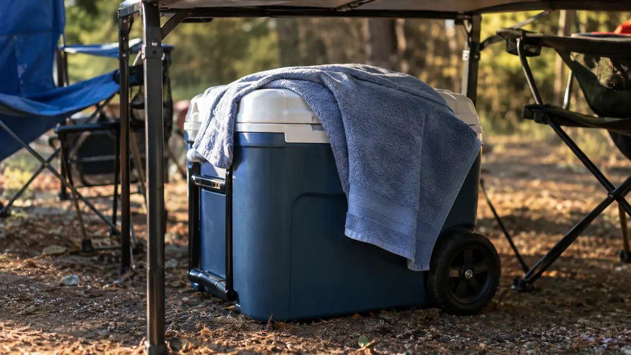 A cooler with a towel draped over the lid, sitting under a camp table in the shade