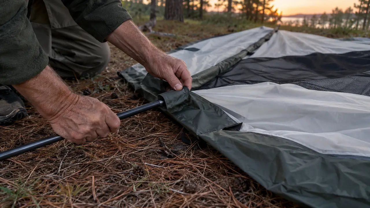 Hands feeding a tent pole through the sleeve of a dome tent laid out on the ground