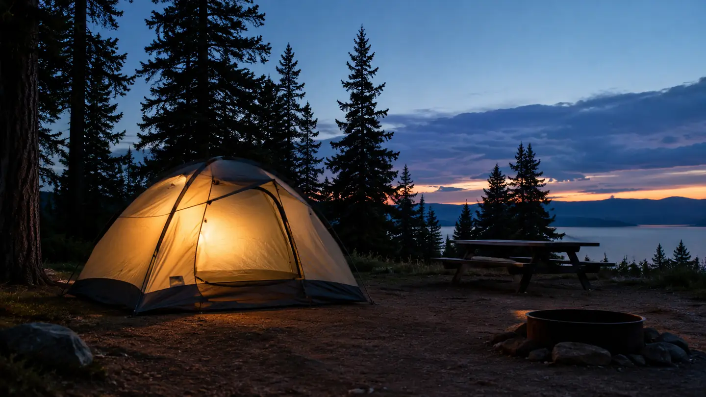 Dome tent glowing with lantern light at dusk in a pine forest
