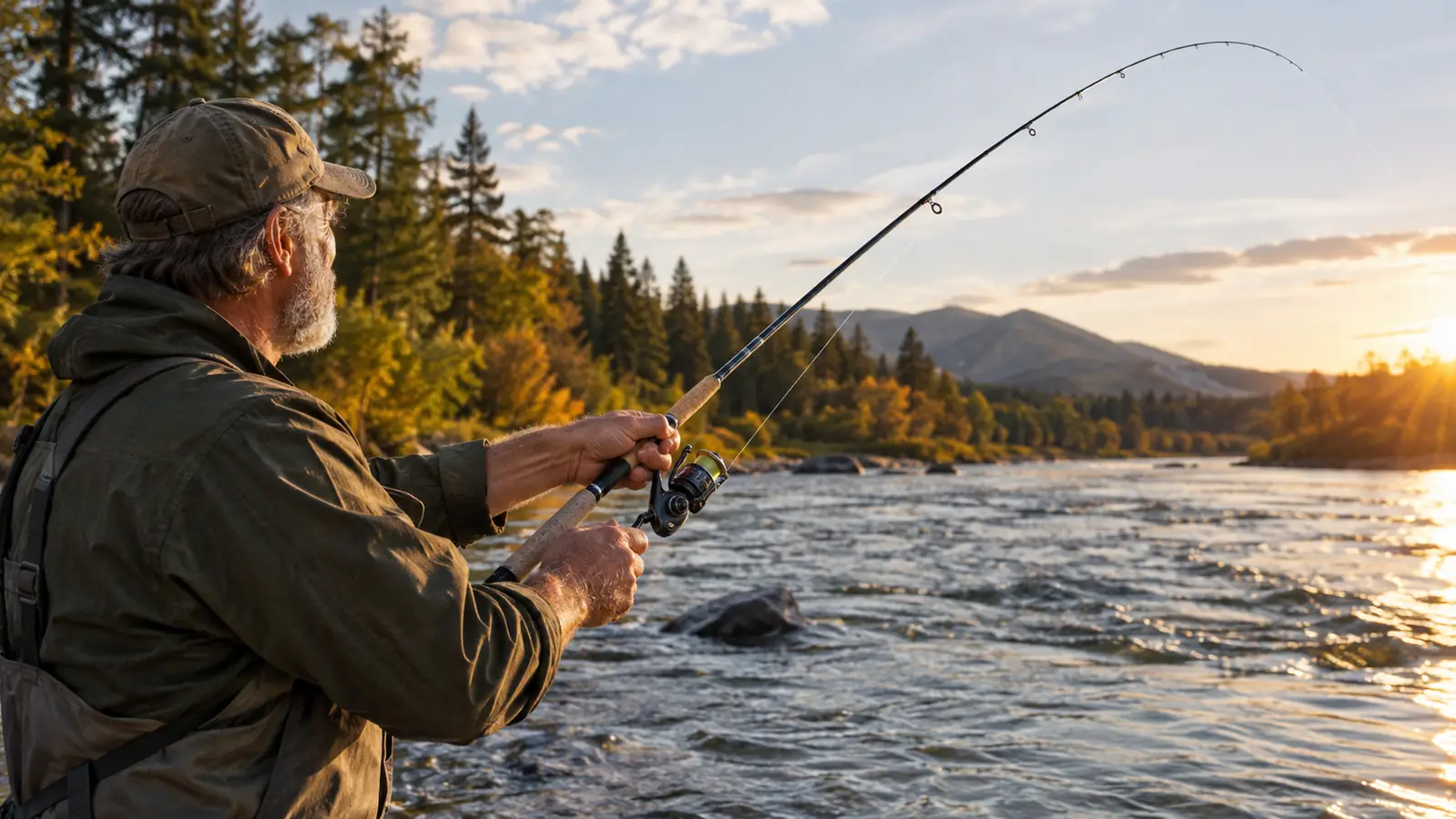 A hand releasing line from a spinning reel as the rod arcs forward over the water