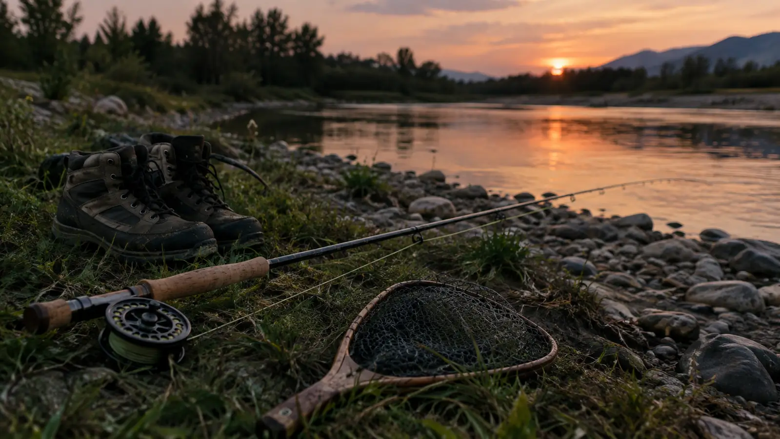 A gravel river bank at dusk with wading boots and a small net beside a rod laid on the grass