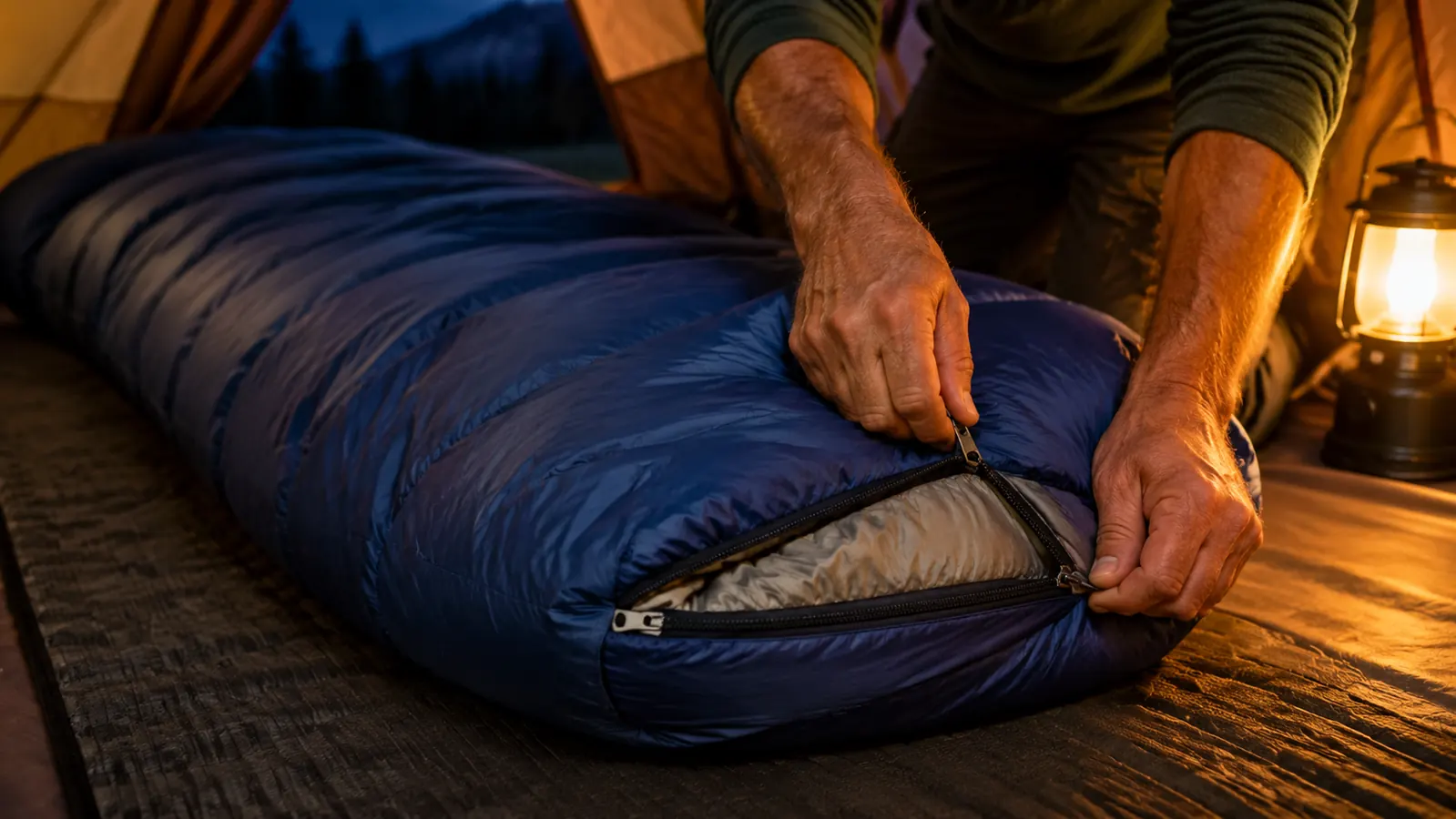 A hand zipping a sleeping bag closed at the foot end inside a tent at night
