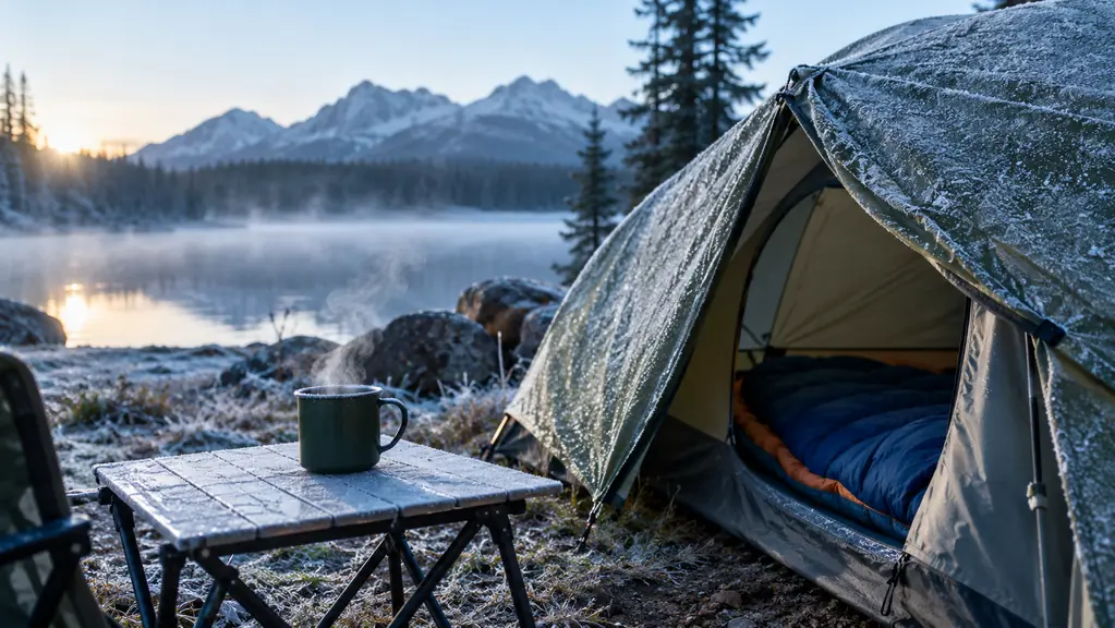 Early morning at a campsite with frost on the tent fly and a steaming mug on a camp table