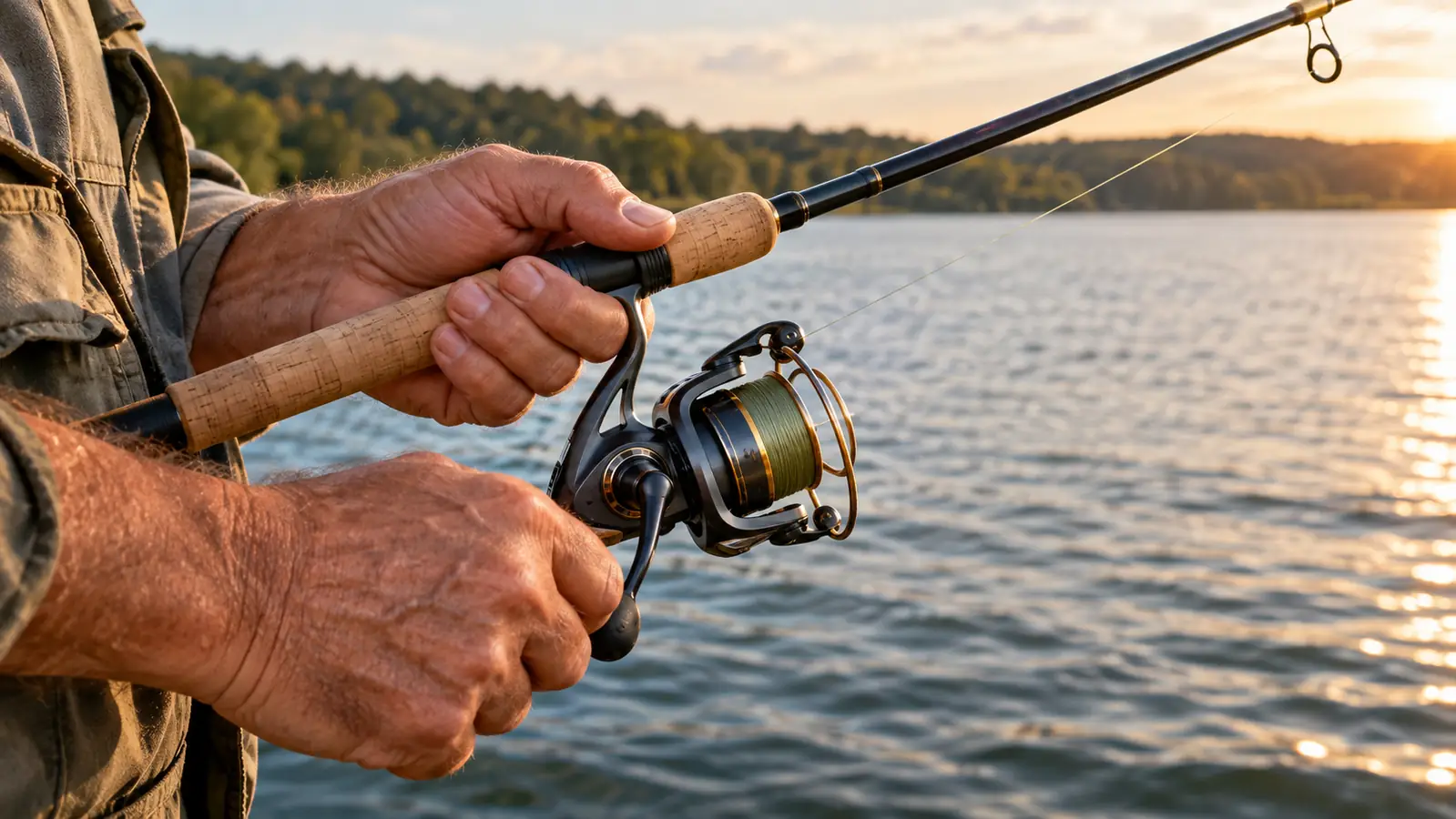 A person's hands holding the fishing rod and reel combo near the water.