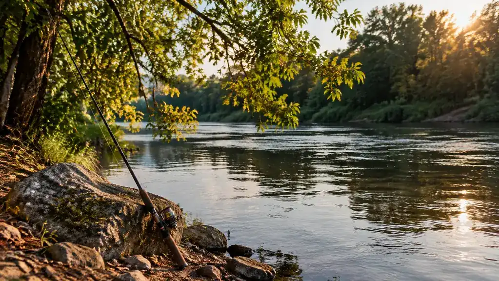 A quiet river bend with a fishing rod propped against a rock.