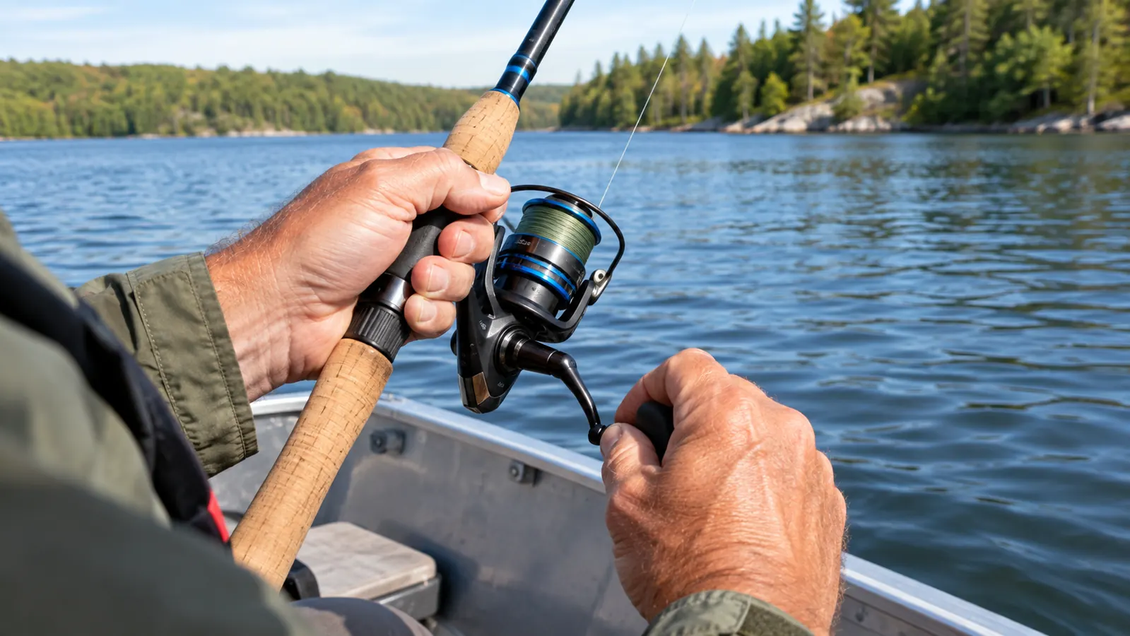 Close view of a hand working the reel handle of a spinning combo on a small boat