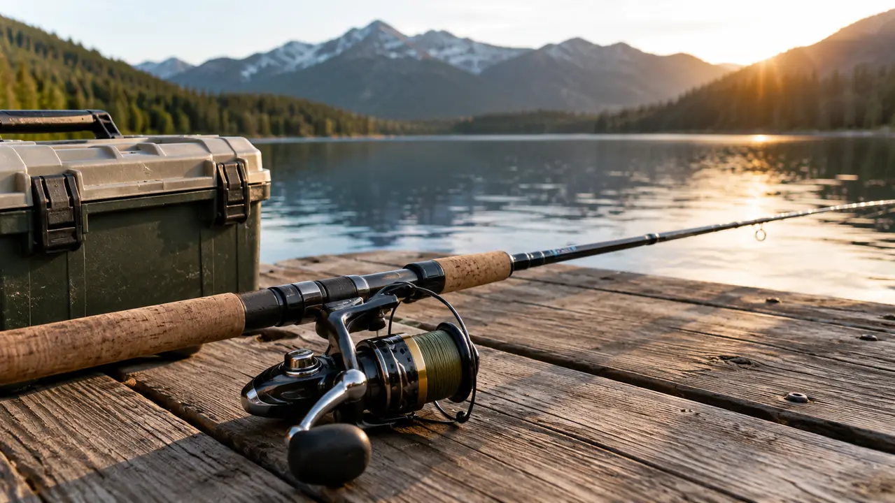 A spinning rod and reel resting on a wooden dock next to a tackle box in late afternoon light