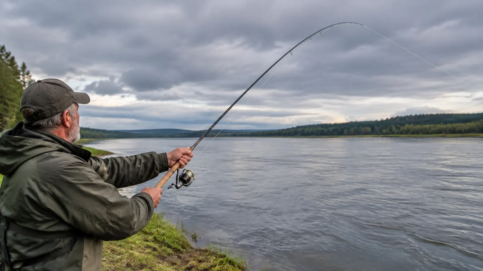 Angler casting a spinning rod from a riverbank