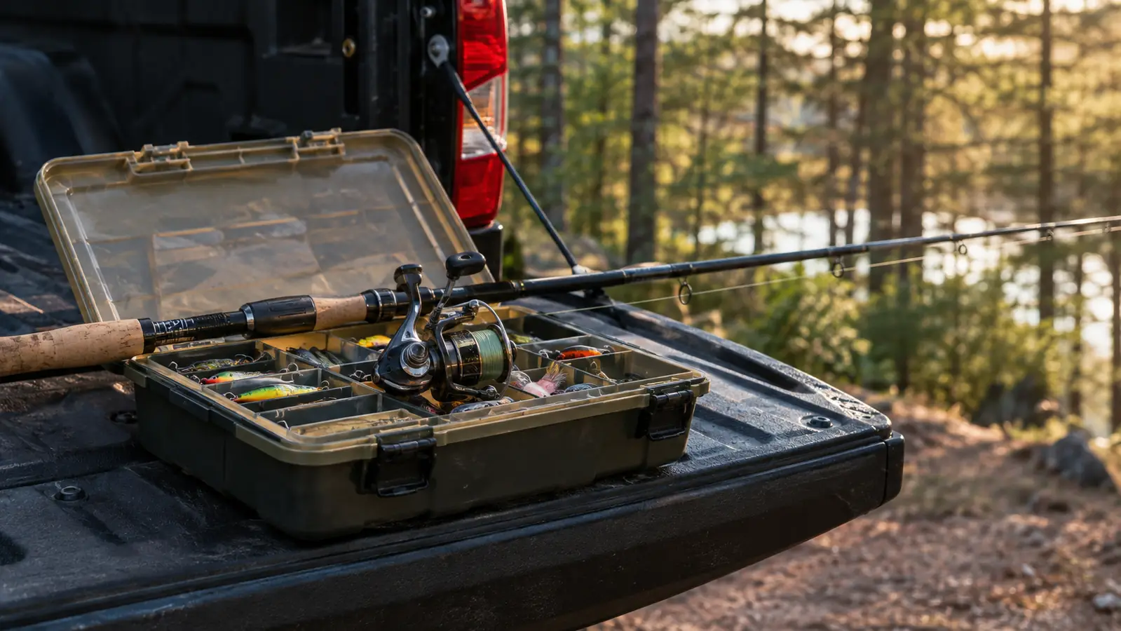 Open tackle box on a truck tailgate with a spinning rod and reel on top