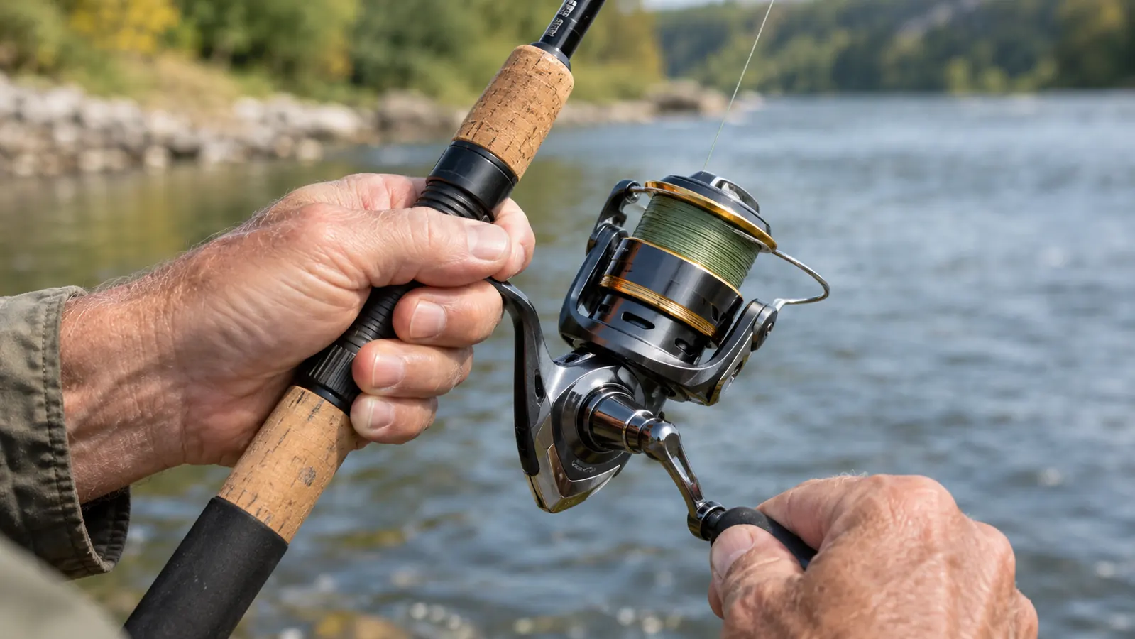 Close view of an angler's hands holding a spinning rod and reel while reeling in on a river