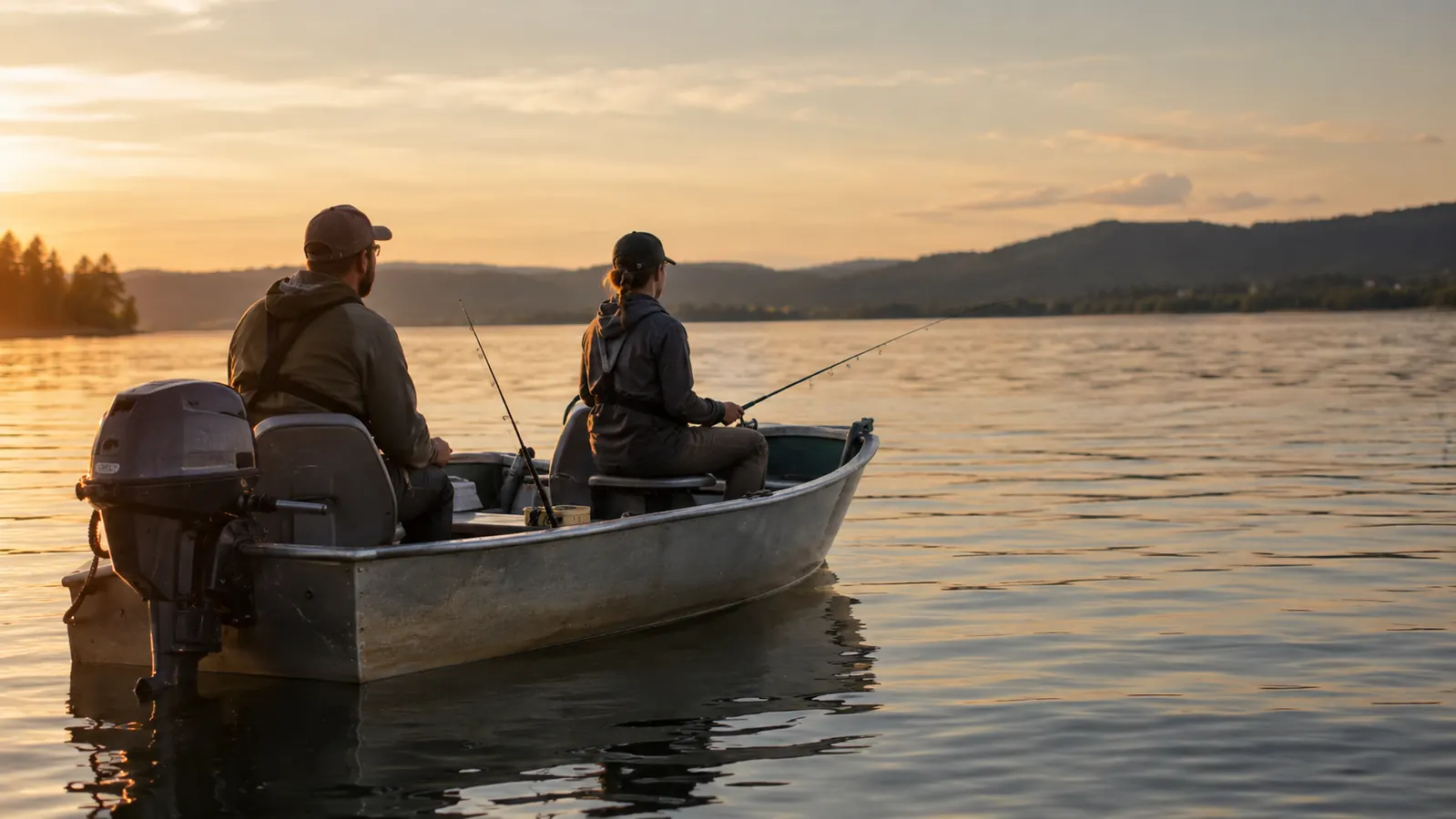 A small aluminum boat with two anglers fishing on a calm lake in late afternoon