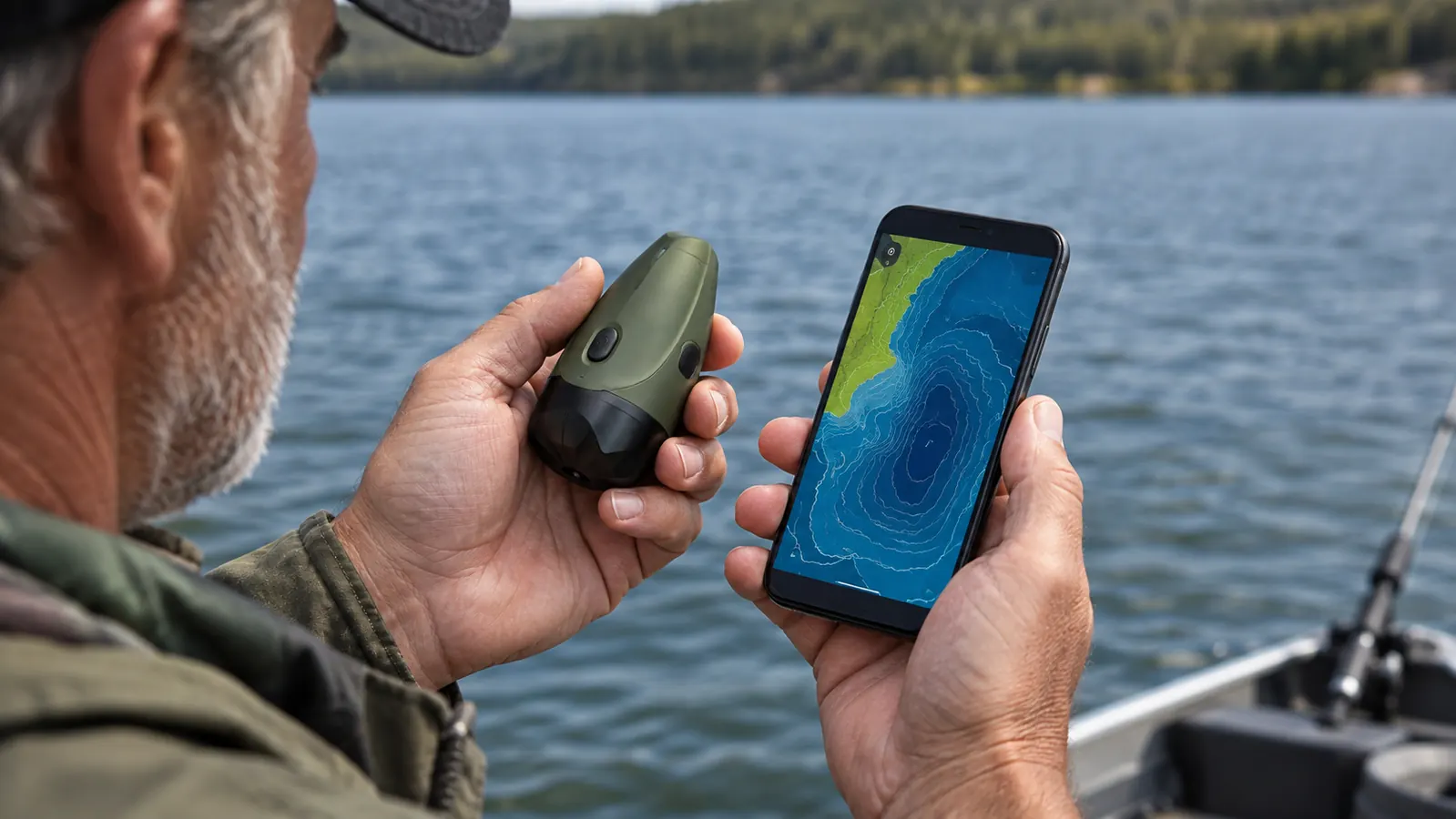 A hand holding a small portable fish finder above a smartphone displaying a bathymetric map
