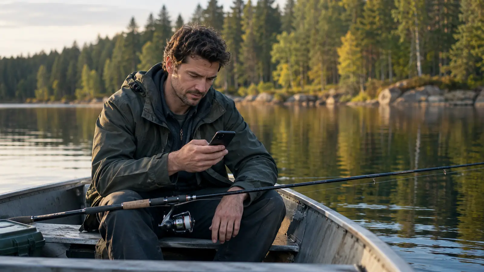 A man in a small aluminum boat looking at his phone, with a fishing rod across the boat