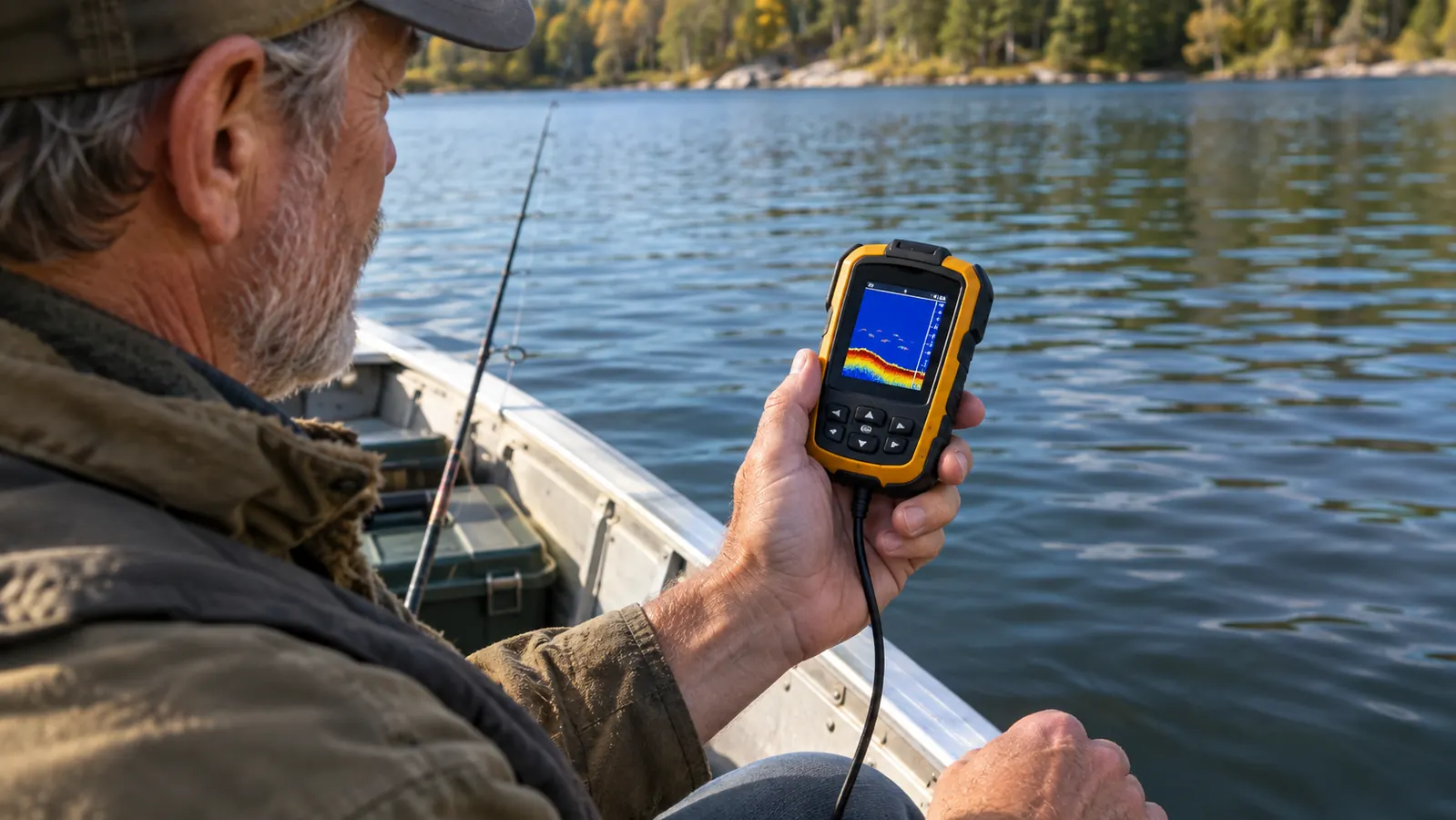hand holding a small handheld fish finder over the side of a small aluminum boat