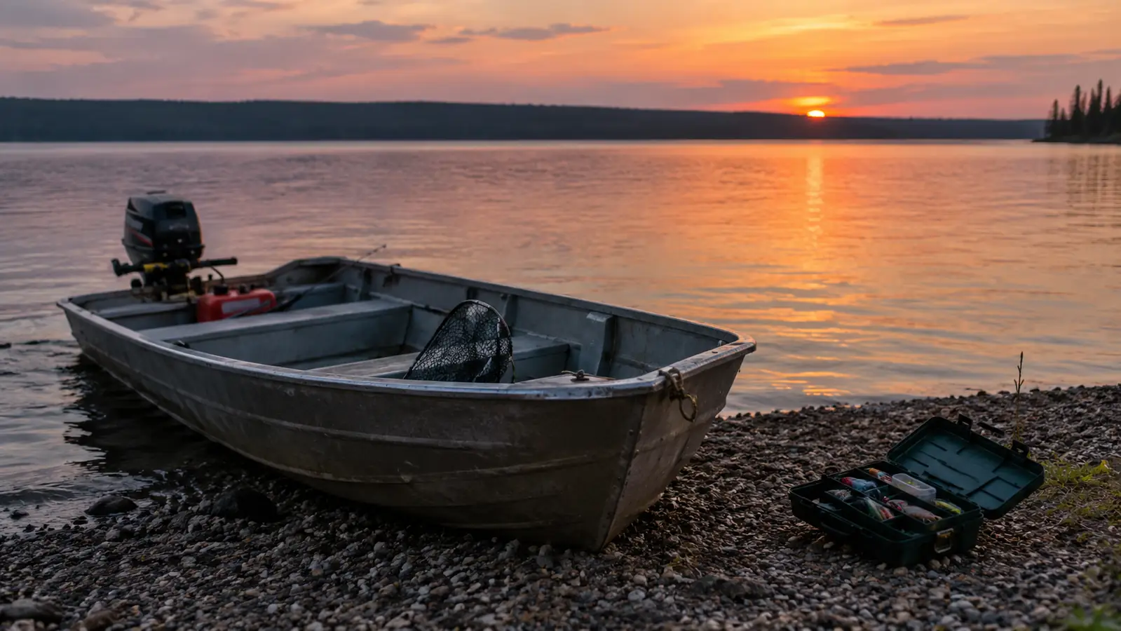 small aluminum boat pulled up on a gravel shore at dusk with a tackle box beside it
