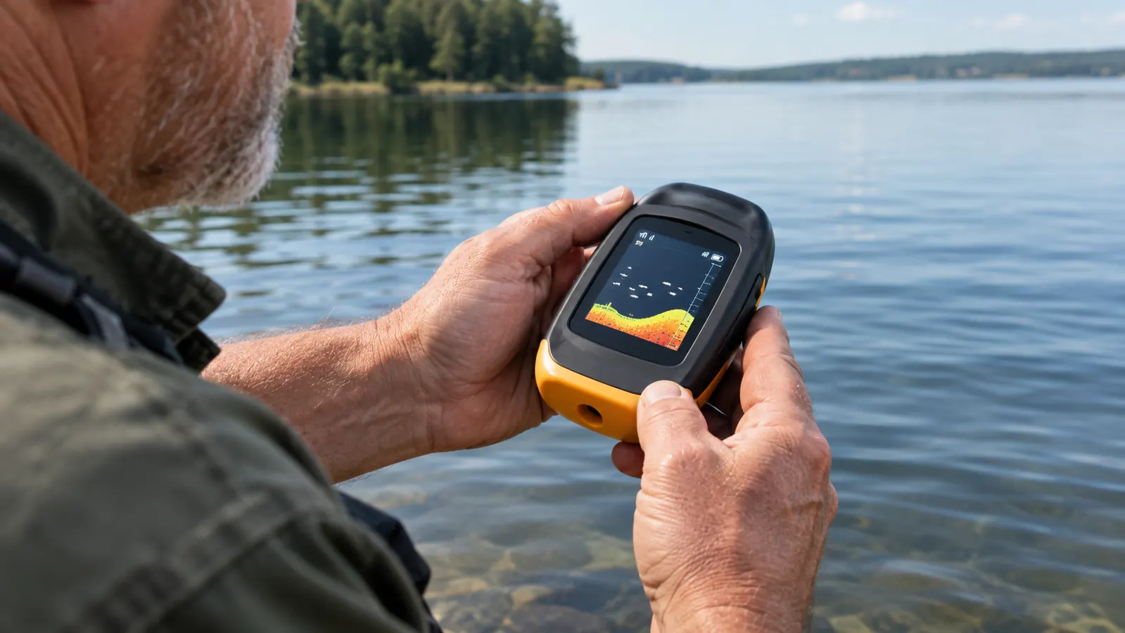 A hand holding a small castable fish finder beside the water's surface, ready to cast.