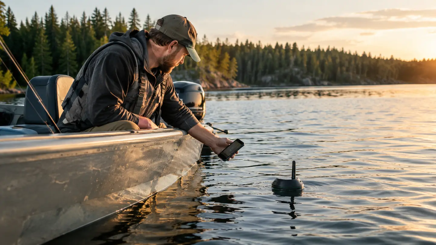 A small aluminum boat at anchor on a lake in late afternoon, an angler reading a phone while a small float bobs at the surface.